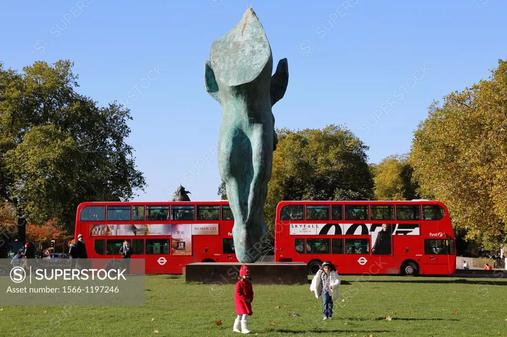 United Kingdom, city of London, red double deckked buses at Hyde Park corner