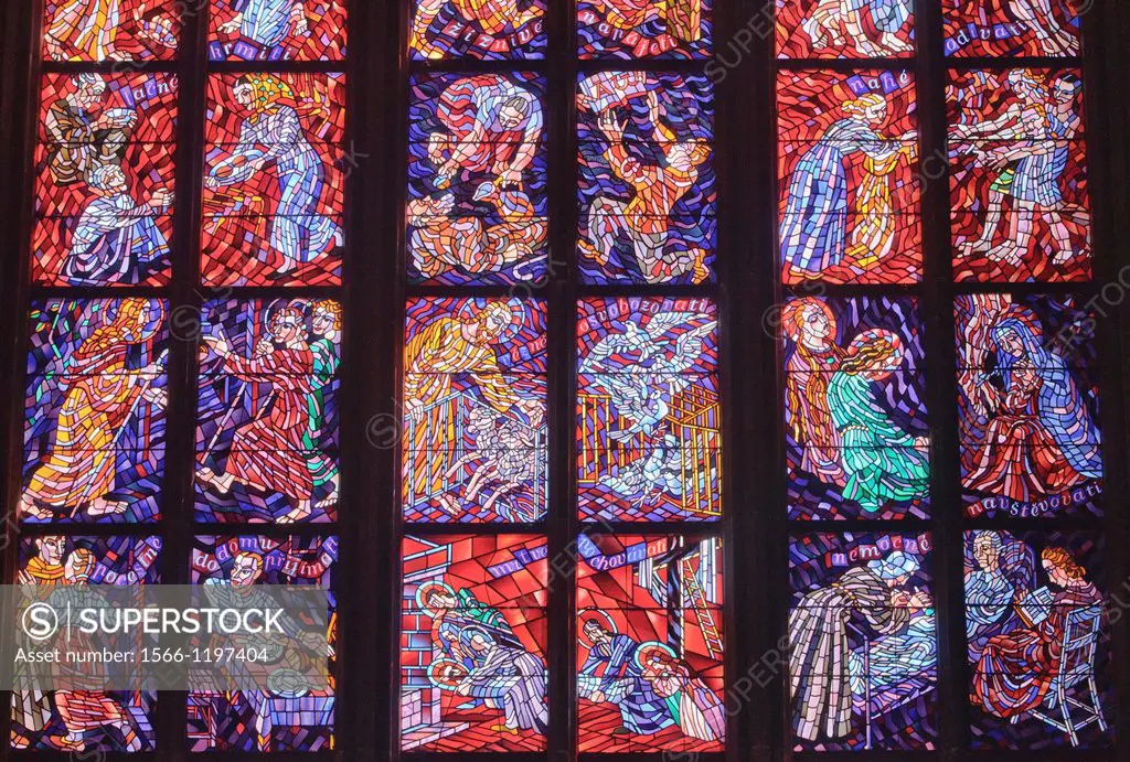 stained glass windows inside of St Vitus Cathedral at Prague Castle, Prague, Czech Republic