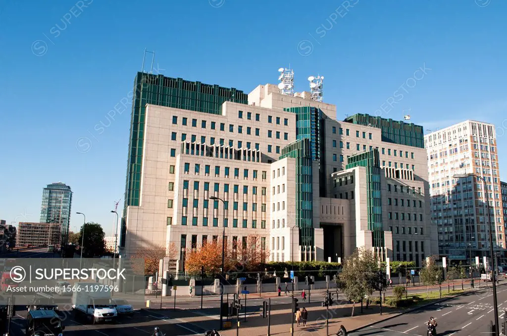 MI6 Building or SIS Building seen from Vauxhall Cross, Vauxhall, London, UK