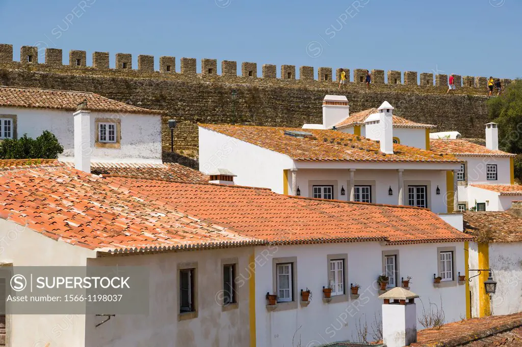 View of Obidos city wall from the city wall, Castelo de Obidos, Obidos Castle, Obidos, Leiria District, Pinhal Litoral, Portugal.