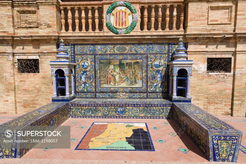 One of the tiled Province Alcoves along the walls of The Plaza de Espana , Spain Square, The Maria Luisa Park,Parque de Maria Luisa, Seville, Sevilla,...