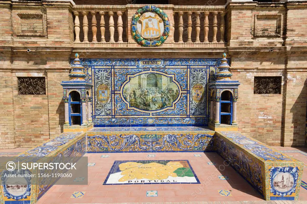 One of the tiled Province Alcoves along the walls of The Plaza de Espana , Spain Square, The Maria Luisa Park,Parque de Maria Luisa, Seville, Sevilla,...