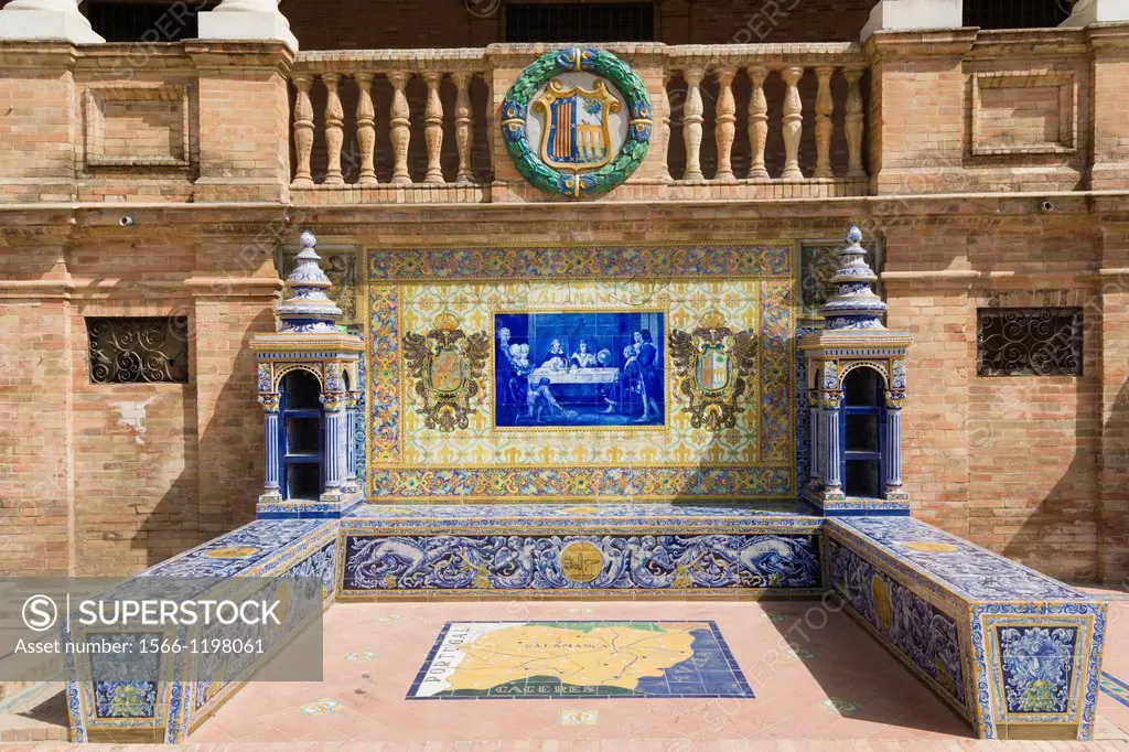 One of the tiled Province Alcoves along the walls of The Plaza de España , Spain Square, The Maria Luisa Park,Parque de Maria Luisa, Seville, Sevilla,...