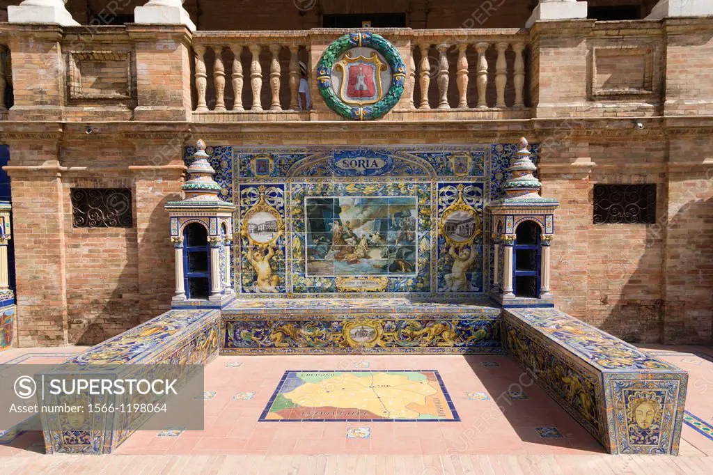 One of the tiled Province Alcoves along the walls of The Plaza de España , Spain Square, The Maria Luisa Park,Parque de Maria Luisa, Seville, Sevilla,...