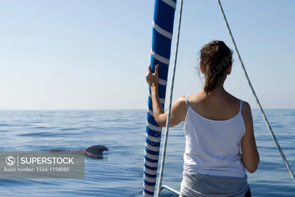 young woman standing at the prow during a boat trip for whales discovery, Tenerife, Canary Islands, Atlantic Ocean