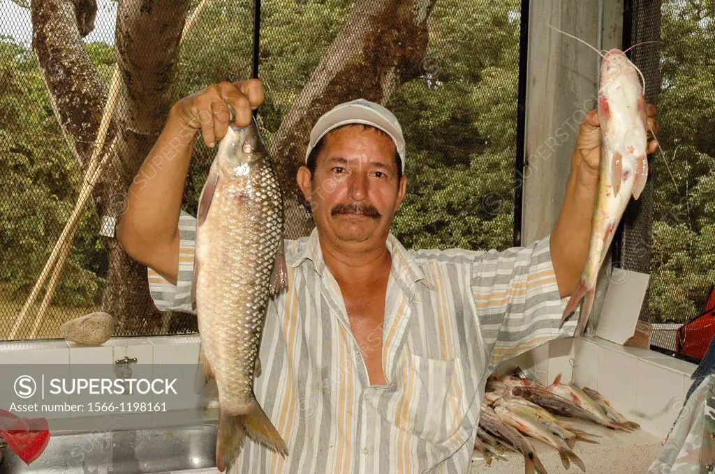 Man with fish in his hands, Fish market Colombia, South America
