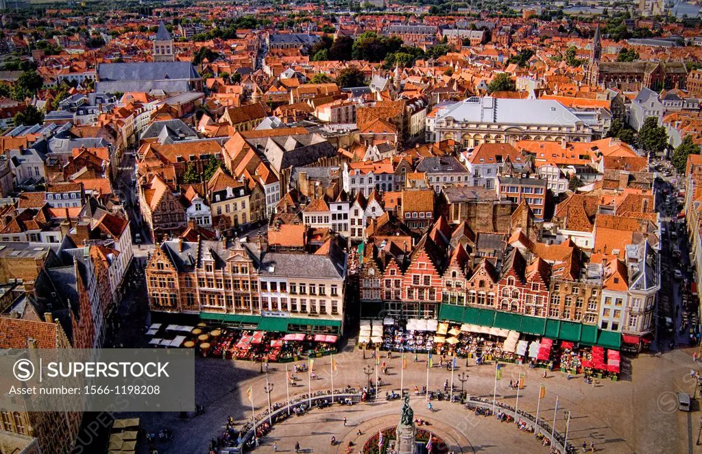 Belgium Market Place in center cafes taken from Belfort 337 steps above center in the colorful city of Bruges