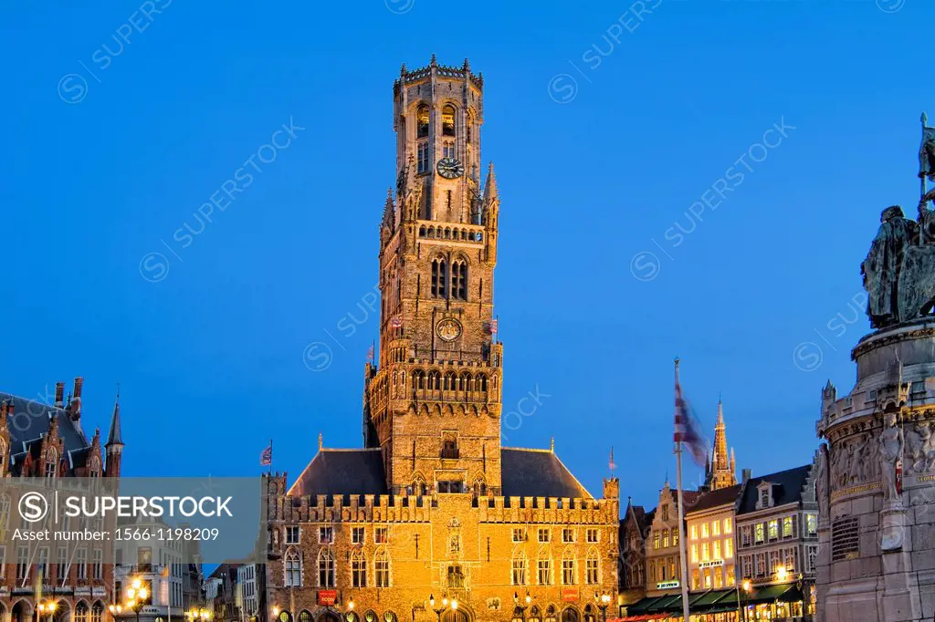 Belgium night photo of Famous Belfort Church in Marketplace in downtown Bruges Belgium