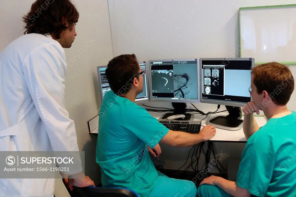 Surgery preparation screens, Interventional Neuroradiology, Radiology Department, Donostia Hospital, San Sebastian, Donostia, Gipuzkoa, Basque Country...