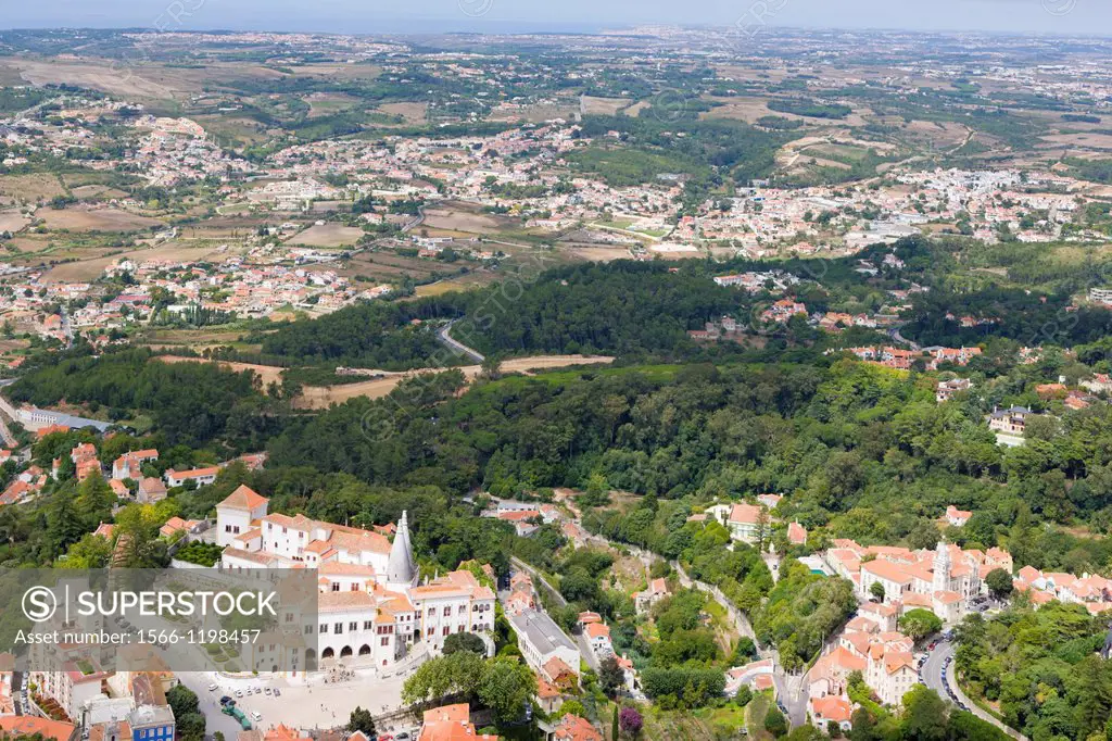 View of Sintra and vicinity with Sintra National Palace, Palacio Nacional de Sintra, Town Palace, Palacio da Vila from Moorish Castle, Castle of the M...