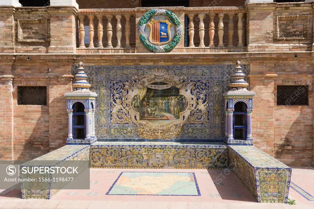 One of the tiled Province Alcoves along the walls of The Plaza de España , Spain Square, The Maria Luisa Park,Parque de Maria Luisa, Seville, Sevilla,...