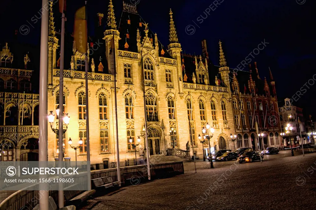 Belgium night photo of House of Governor or Provence House in Marketplace in downtown Bruges Belgium