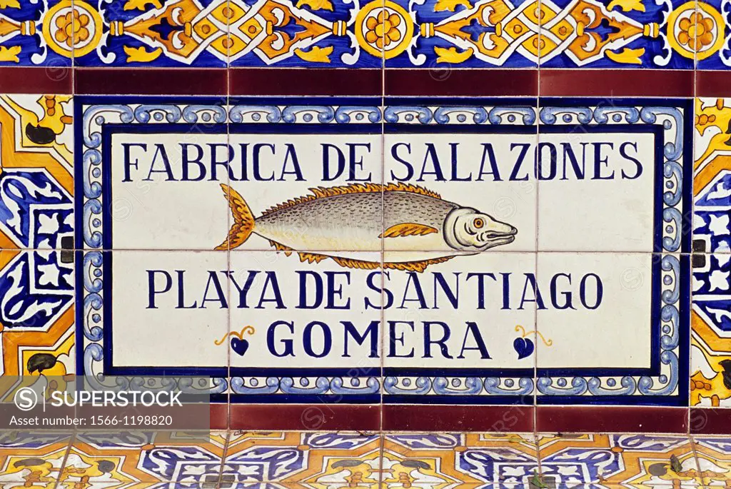 advertising ceramics adorning bench on the Plaza de los Patos at Santa Cruz, Tenerife, Canary Islands, Atlantic Ocean