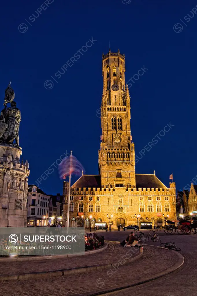 Belgium night photo of Famous Belfort Church in Marketplace in downtown Bruges Belgium