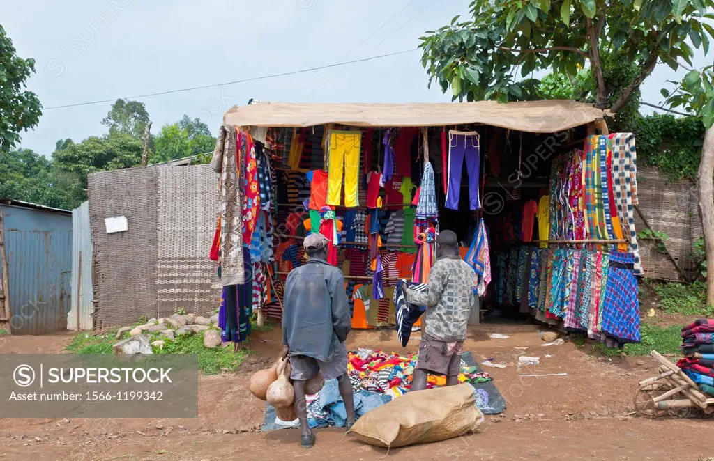 Jinka Ethiopia Africa village Lower Omo Valley street scene on shopping stores shop main street in small village with local color