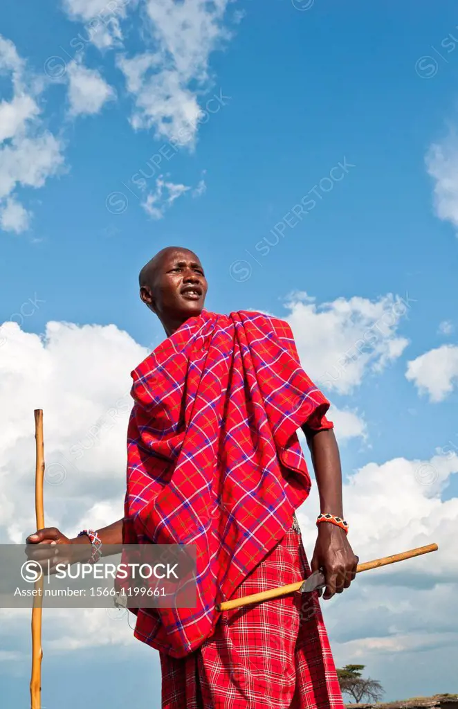 Kenya Masai Mara Masai warrior in red traditional wrap and stick in Masai Mara National Park in reserve 9
