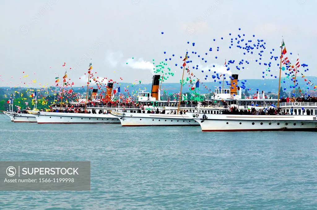 Steamboat Parade, Morges, Lake Geneva, Switzerland, balloons, people, celebration
