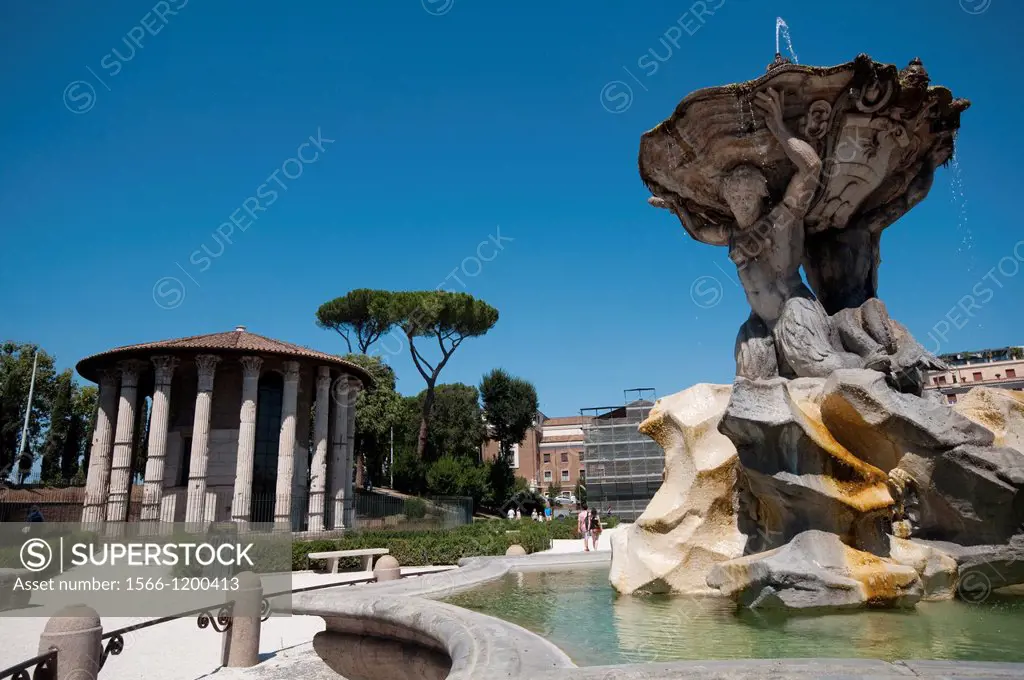 Italy, Lazio, Rome, Bocca della Verità Square, Triton Fountain by Bizzaccheri background Temple di Vesta or Hercules Temple
