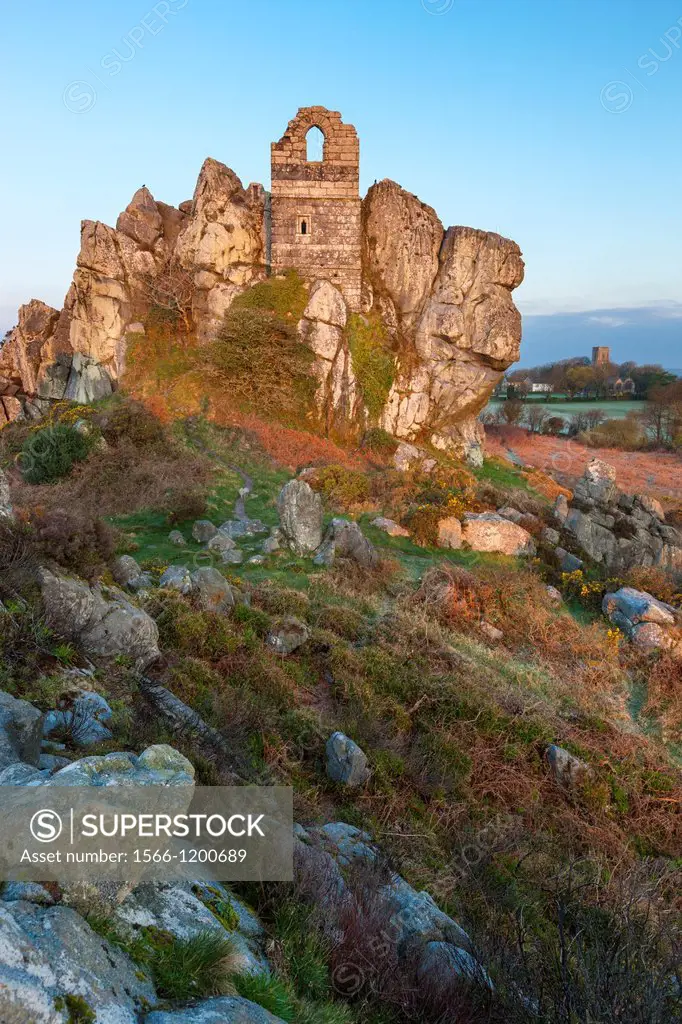 Ruined chapel of St. Michael dating from 1409 on the top a 60ft high Roche Rock, Cornwall, England.