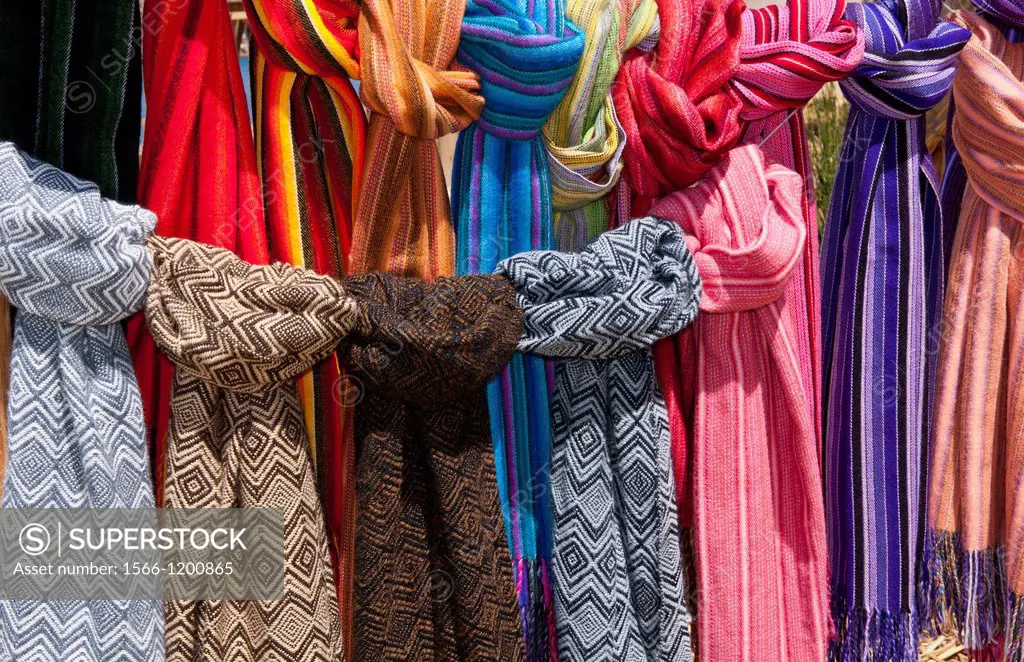 Lake Titicaca Peru with traditional scarfs for sale in floating islands near Puno