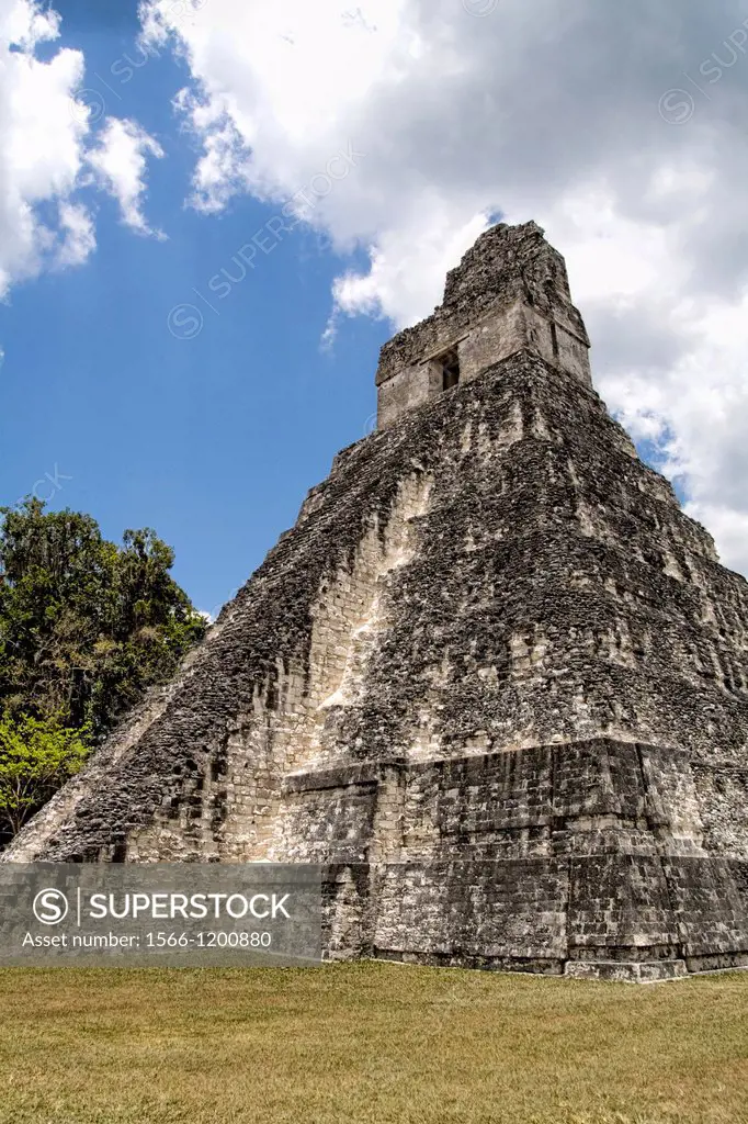 Tower 1 at the famous Mayan Ruins in the Gran Plaza showing the civilization of historical Maya Indians at remote village of Tikal Guatemala