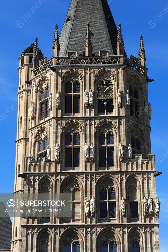 Germany, Cologne, Rhine, Rhineland, North Rhine-Westphalia, NRW, old city, historical city hall, tower, late Gothic, figures of the Cologne city histo...