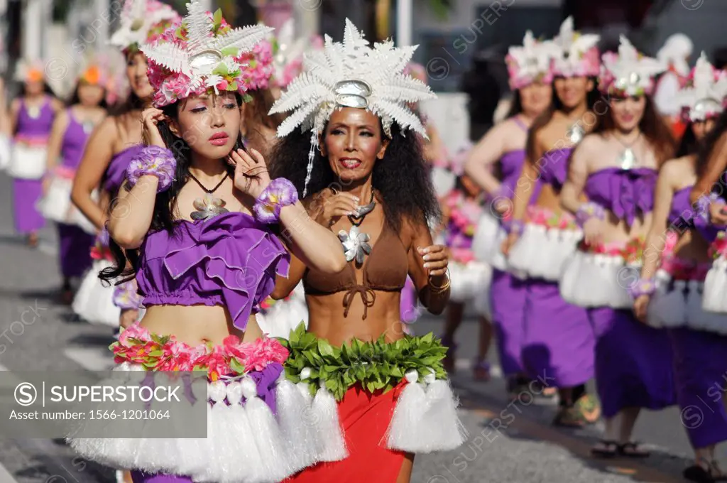 Naha, Okinawa, Japan, Hawaiian Hula dancers along Kokusai-dori during the Naha Festival October