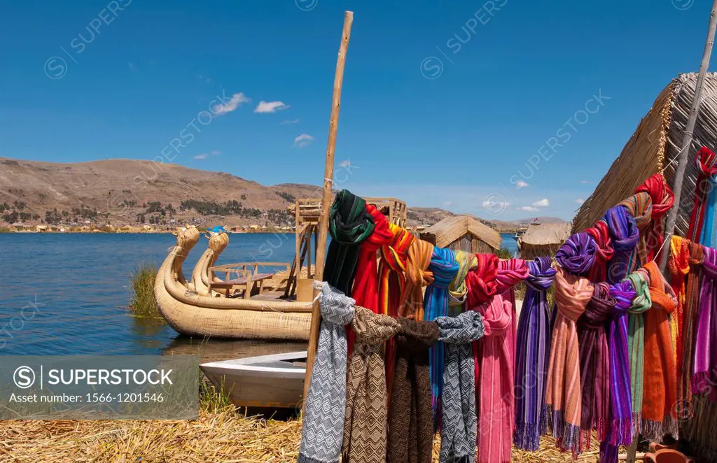 Lake Titicaca Peru with traditional scarfs for sale in floating islands near Puno