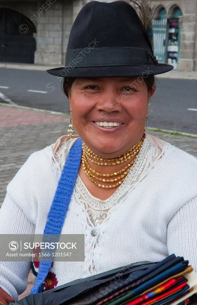 Portrait of woman in hat in city of Quito Ecuador
