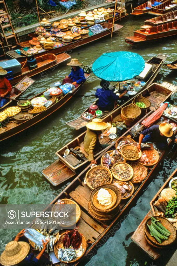 Color graphic image of shopping boats at the famous Floating Market at Damnernsaduak near Bangkok Thailand