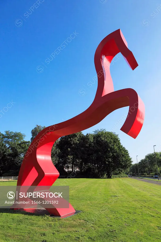 Germany, Bottrop, Ruhr area, Westphalia, North Rhine-Westphalia, NRW, ´Rotes Pferd´ by Johann Hinger, Red Horse, horse sculpture