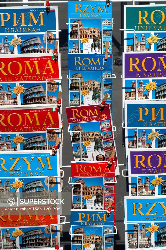 Italy, Lazio, Rome, Guidebooks on Display Outside a Shop