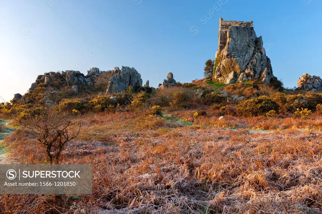 Ruined chapel of St. Michael dating from 1409 on the top a 60ft high Roche Rock, Cornwall, England.