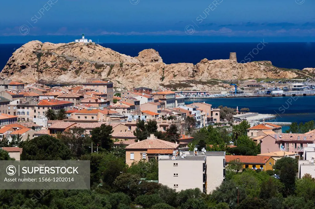 France, Corsica, Haute-Corse Department, La Balagne Region, Ile Rousse, elevated view of Ile de la Pietra island