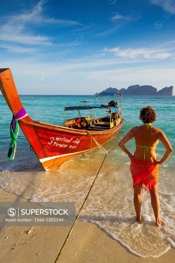 Young woman relaxing  Long beach  Phi Phi Don island  Krabi province, Andaman Sea, Thailand