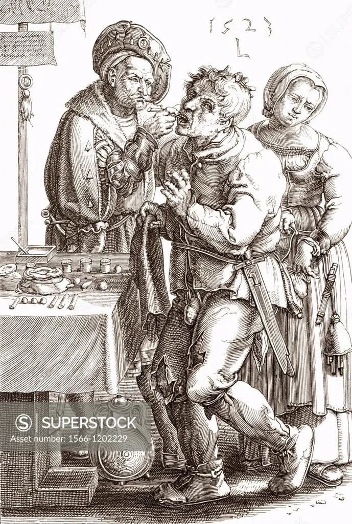 Le Chirurgien by Lucas van Leyden  A medieval dentist at work  From Histoire des Peintres de Toutes les Écoles, École Hollandaise, published 1863