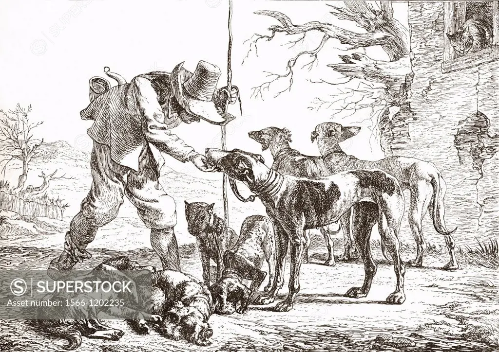 Les Chiens by Pieter van Laer  A hunter with his hounds  From Histoire des Peintres de Toutes les Écoles, École Hollandaise, published 1863