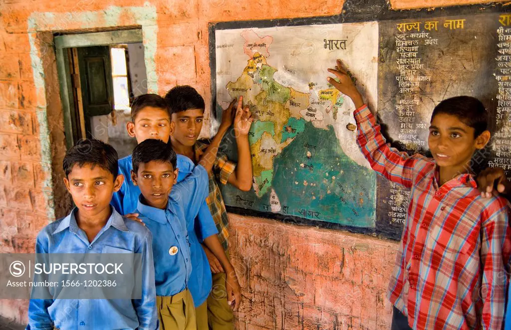School portrait in elementary school near Jodhpur in town of Rinawey Upper Primary School India showing where India is on map students ages 10 thru 12...
