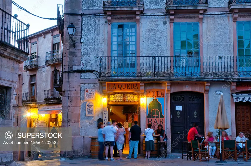Typical bar and restaurant, night view. España Square, Sepulveda, Segovia province, Castilla Leon, Spain.