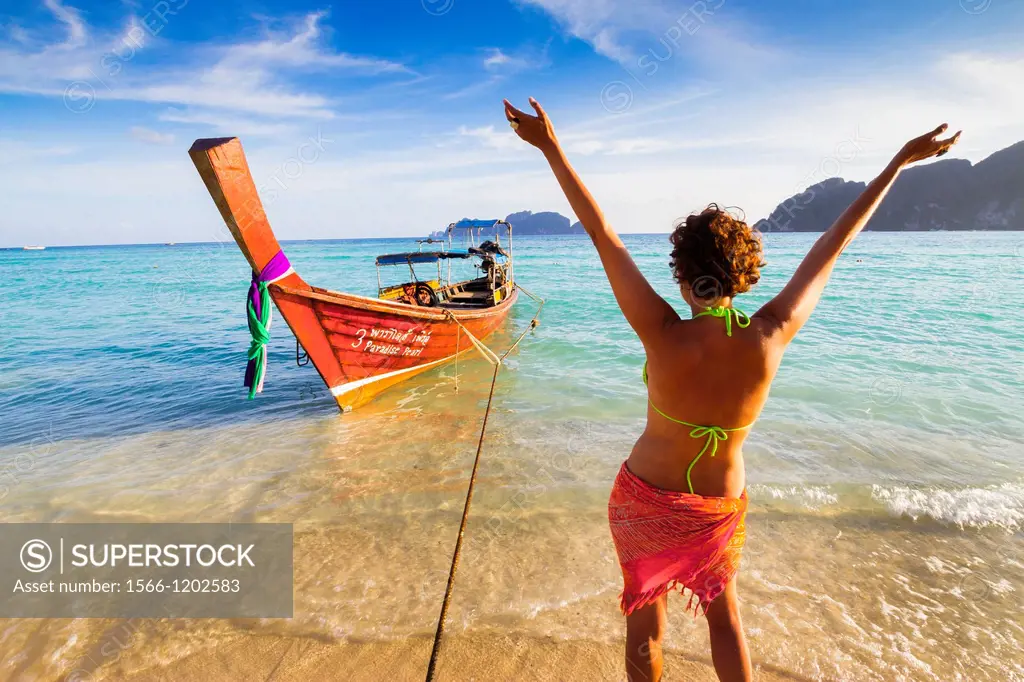 Young woman relaxing  Long beach  Phi Phi Don island  Krabi province, Andaman Sea, Thailand