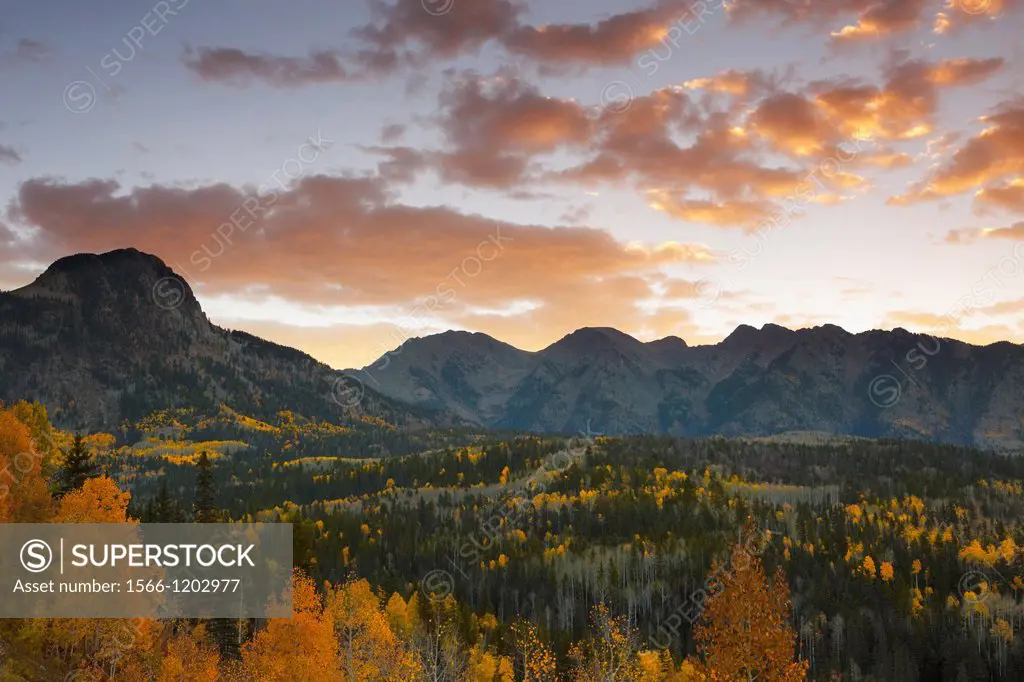 Sunset at the San Juan mountain range in Autumn with fall colors, Colorado, USA