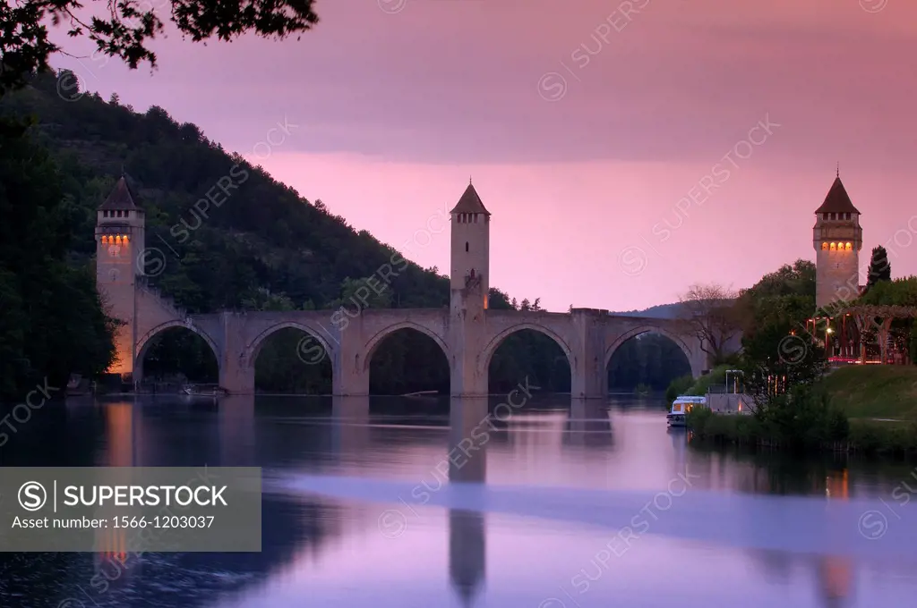 Cahors, Valentre bridge, Pont Valentre at Dusk, Lot River, Lot departament, Quercy, Via Podiensis, Way of St James, France