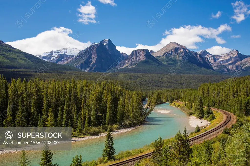 Bow River and railway along the Bow Valley Parkway in Banff National Park in Alberta Canada