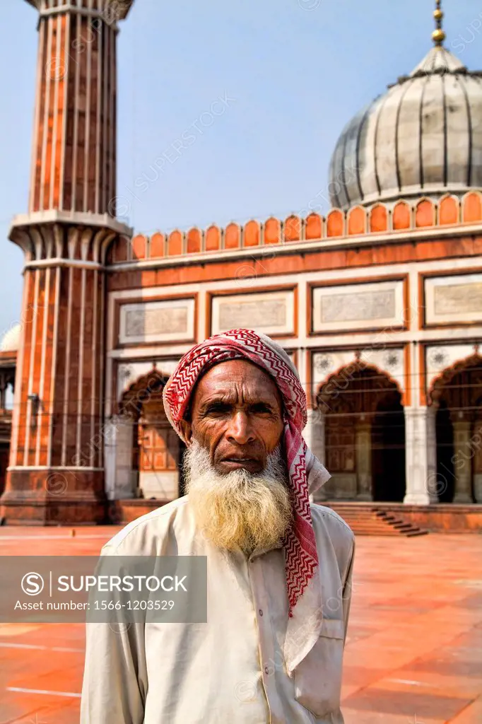 Portrait Inside Muslim Mosque in Delhi India called the Jama Masjid which is the largest in India
