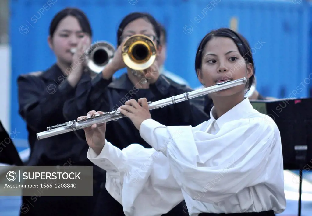 Naha, Okinawa, Japan, musical band at Tomari Wharf during the Tomari Friend Ship Festival