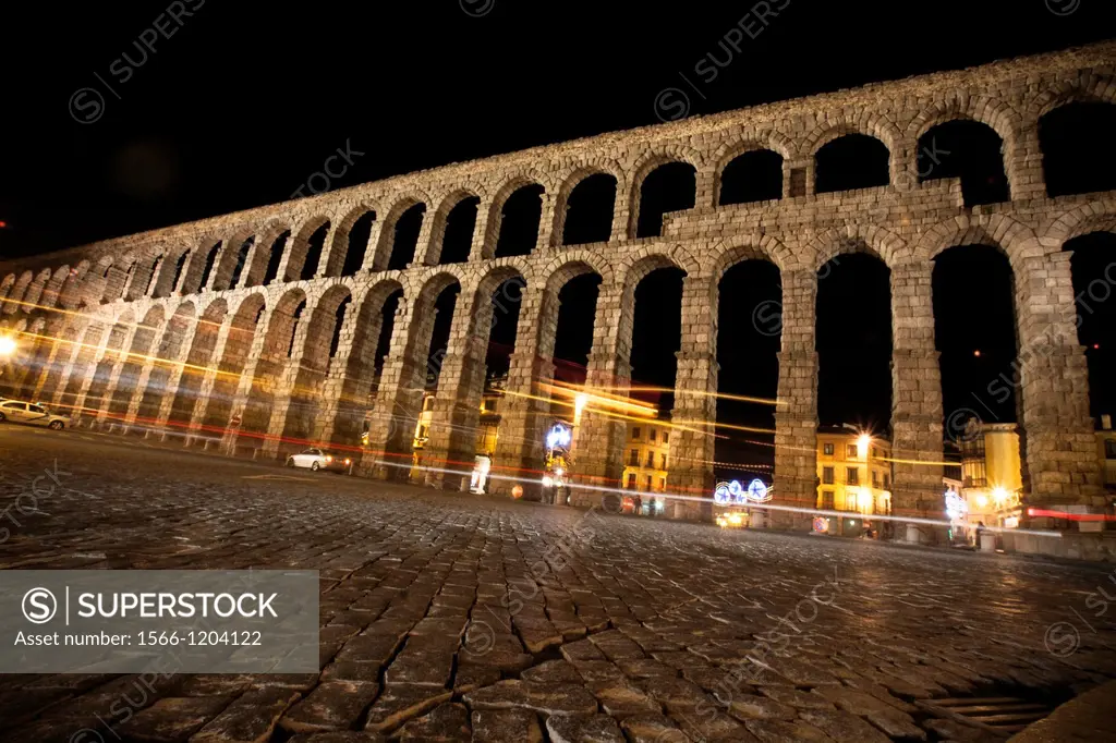 Light trails and Roman Aqueduct. Segovia, Spain