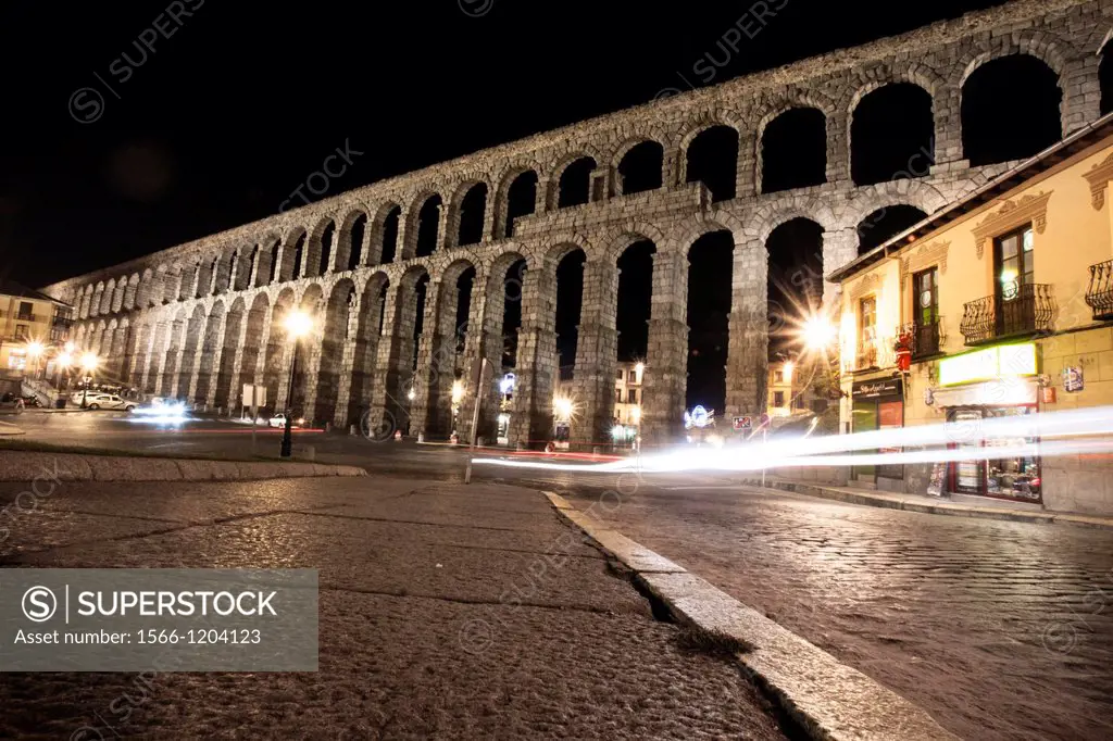 Light trails and Roman Aqueduct. Segovia, Spain
