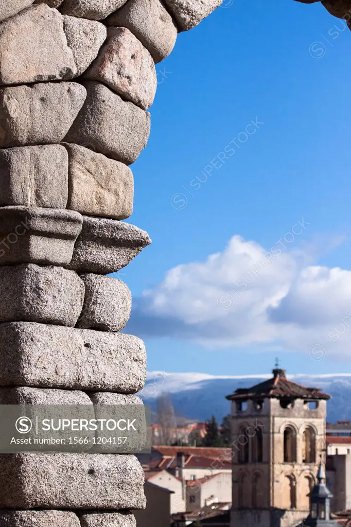View throug aqueduct´s arch, Segovia, Castile-Leon, Spain.