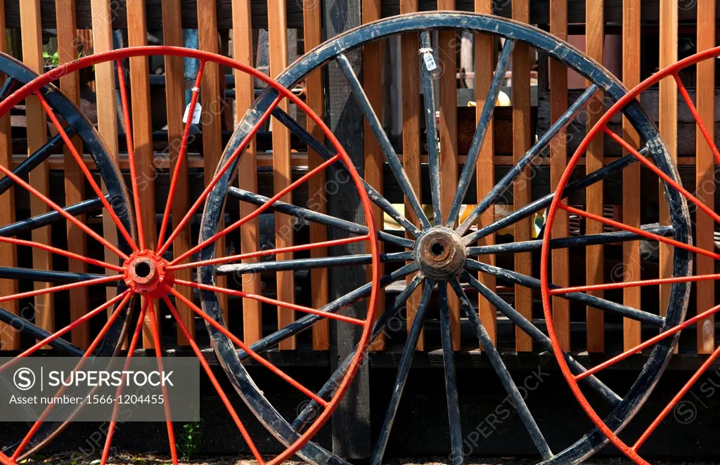 Amish group of wagon wheels in Intercourse Pennsylvania in Lancaster area of Amish country