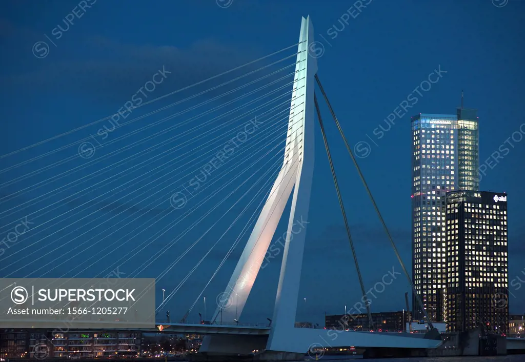Rotterdam, Netherlands  Skyline at night with Erasmusbrug / Erasmus-bridge and Deloitte skyscraper